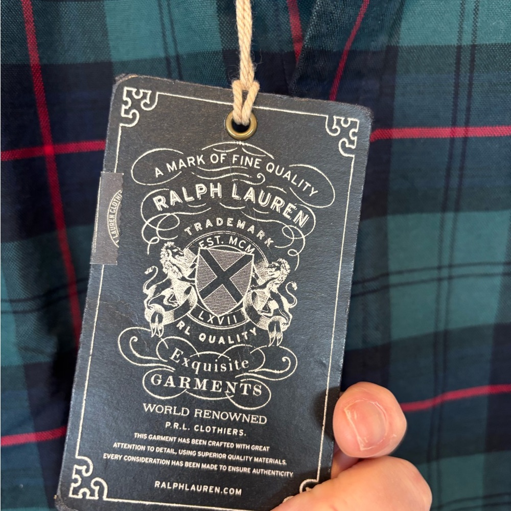 NWT Polo by Ralph Lauren Flannel Green Navy Plaid Button-Down Shirt with Red - Picture 6 of 8